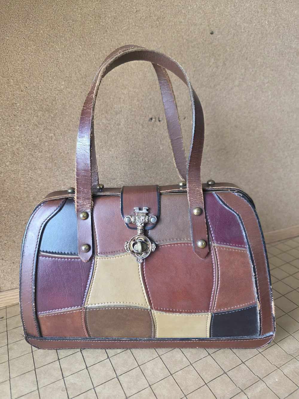 Burlington Patchwork Leather Frame Satchel  Vintage Boho Handbag